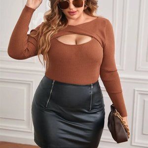 Plus Rust Brown Twist Front Cut Out Ribbed Knit Sweater 16 2XL